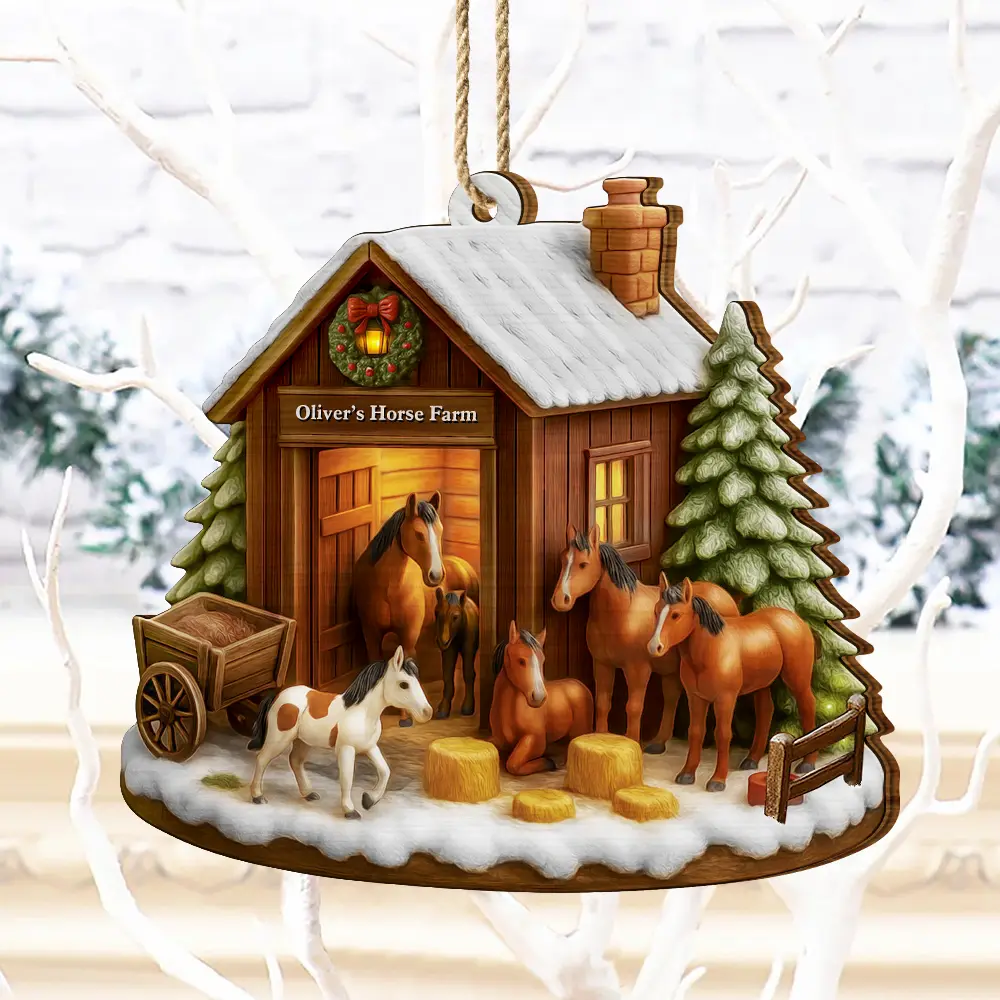 Christmas Horse Farm - Personalized Custom Shaped Wooden Ornament - Image 4
