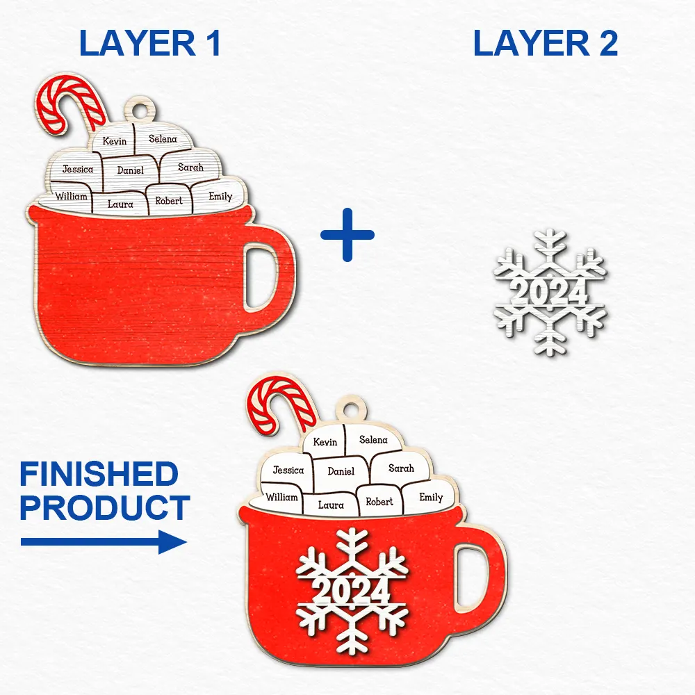 Christmas Hot Cocoa Family Names - Personalized 2-Layered Wooden Ornament - Image 6