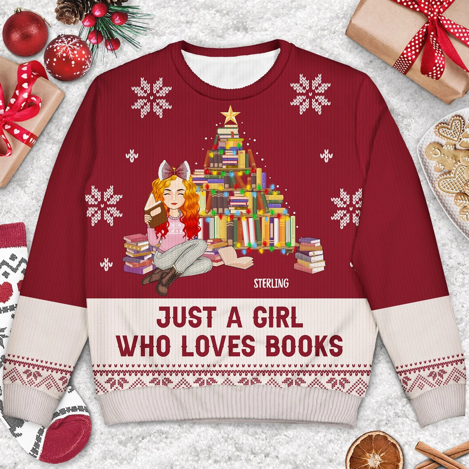Christmas Just A Girl Who Loves Books - Gift For Book Lovers - Personalized Unisex Ugly Sweater - Image 3
