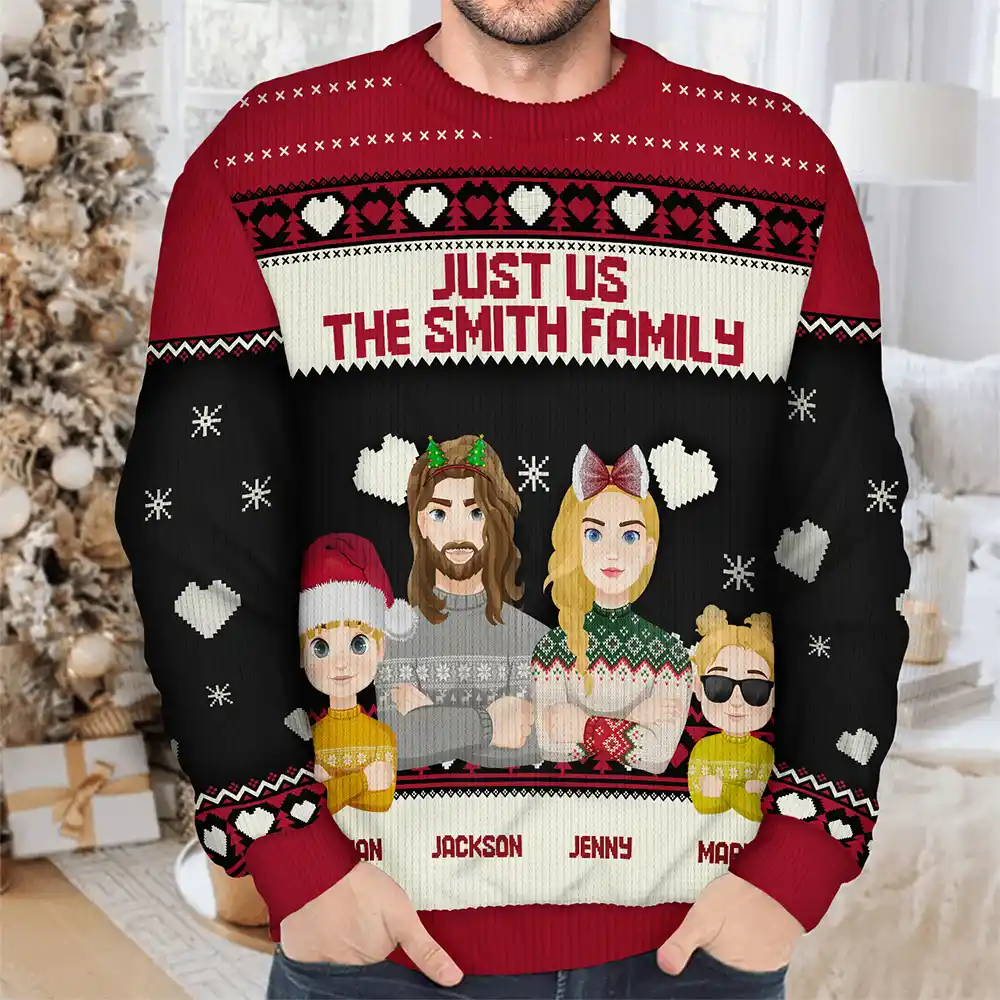 Christmas Just Us Family Flat Art - Personalized Unisex Ugly Sweater - Image 4