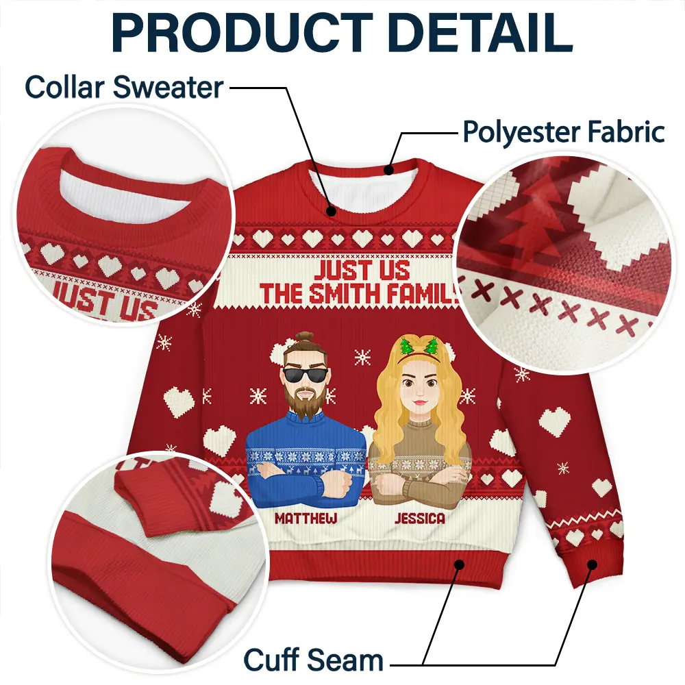 Christmas Just Us Family Flat Art - Personalized Unisex Ugly Sweater - Image 6
