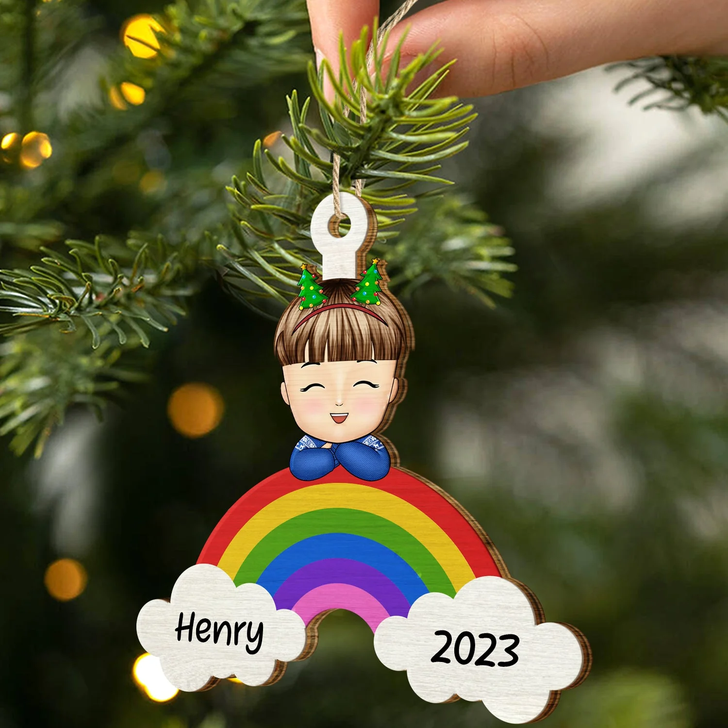 Christmas Kid Rainbow Custom Name - Gift For Kids - Personalized Wooden Cutout Ornament - Image 2