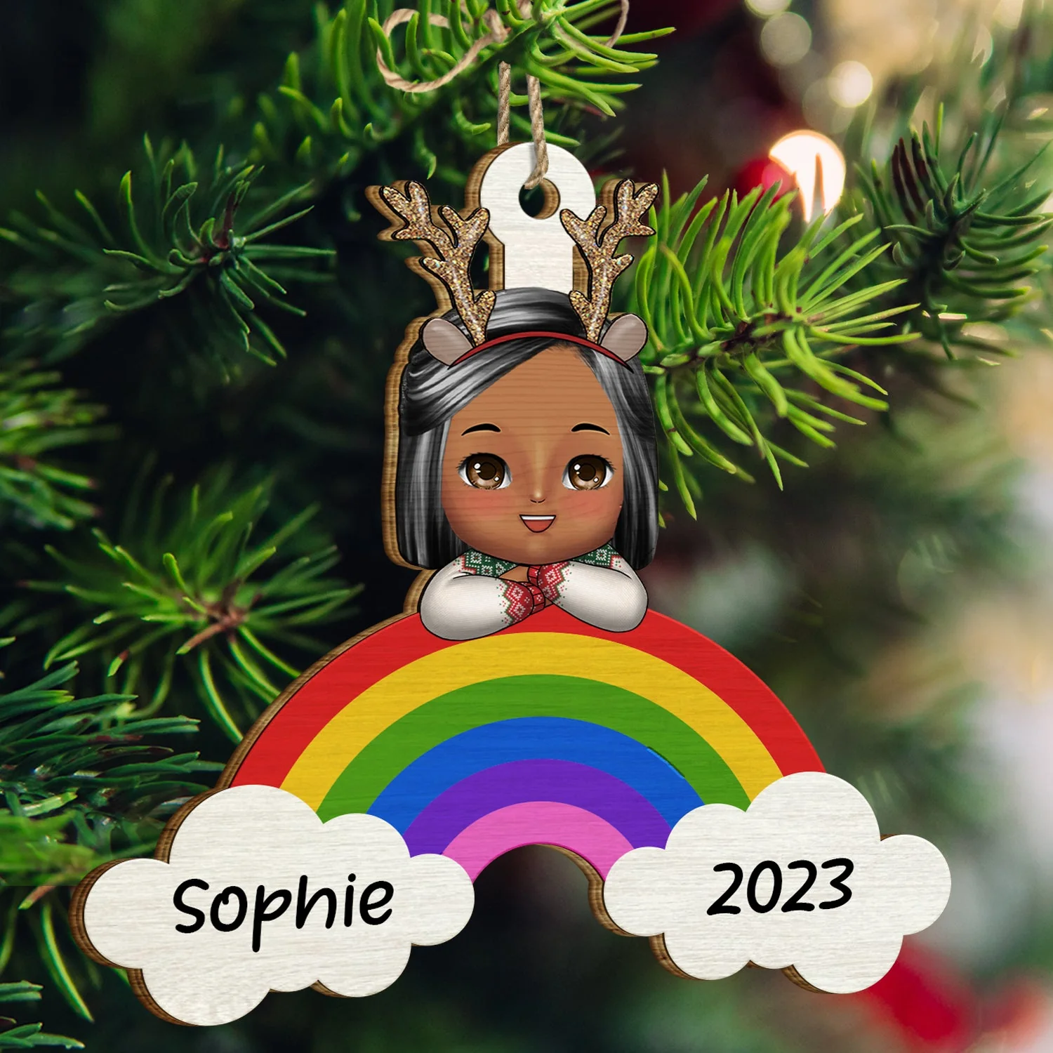 Christmas Kid Rainbow Custom Name - Gift For Kids - Personalized Wooden Cutout Ornament - Image 3