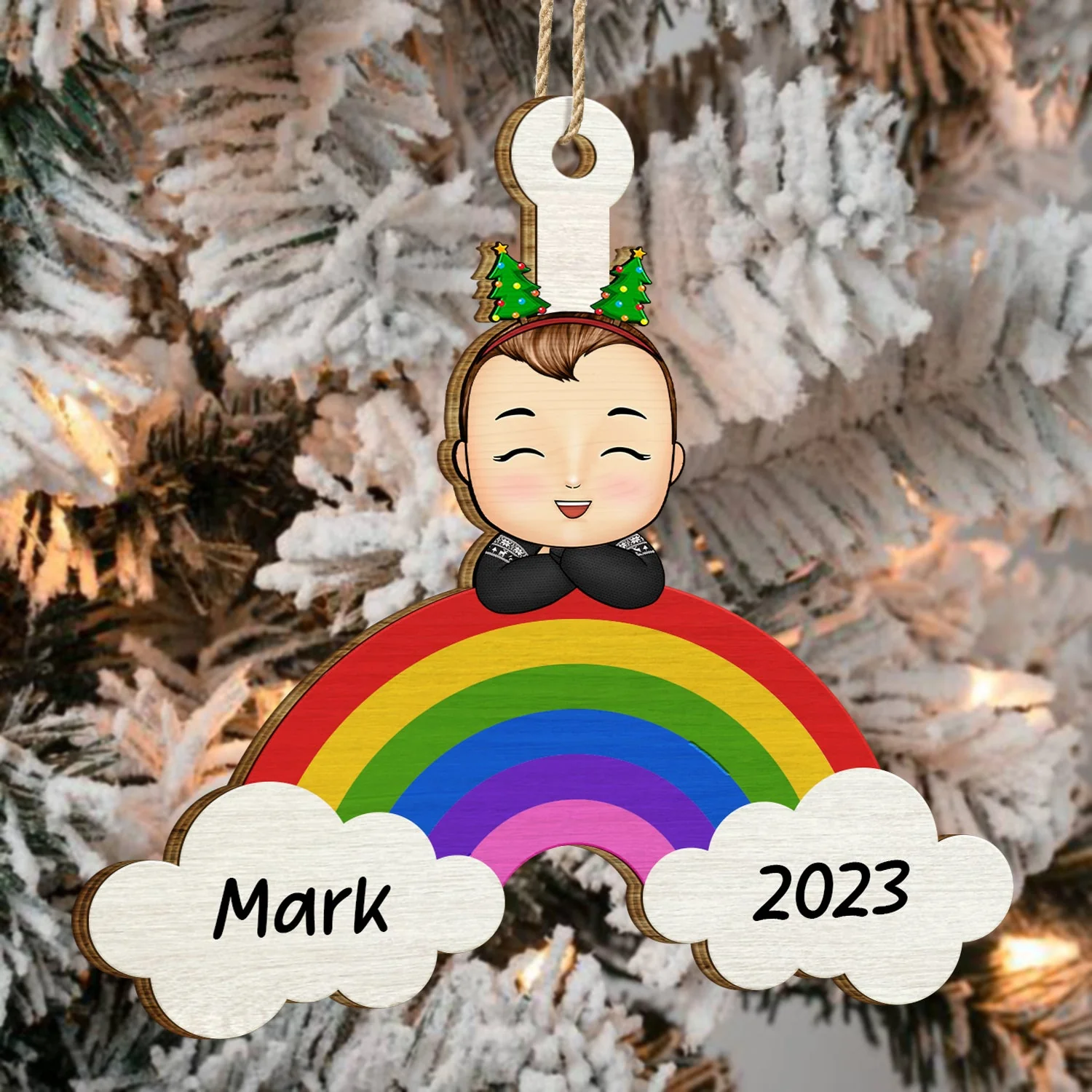 Christmas Kid Rainbow Custom Name - Gift For Kids - Personalized Wooden Cutout Ornament - Image 4