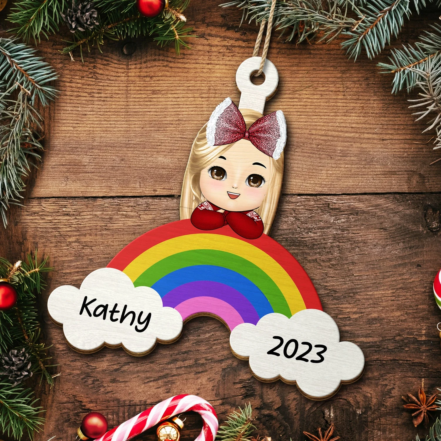 Christmas Kid Rainbow Custom Name - Gift For Kids - Personalized Wooden Cutout Ornament - Image 5