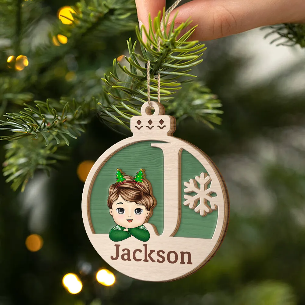 Christmas Kids Monogram - Personalized 2-Layered Wooden Ornament - Image 2