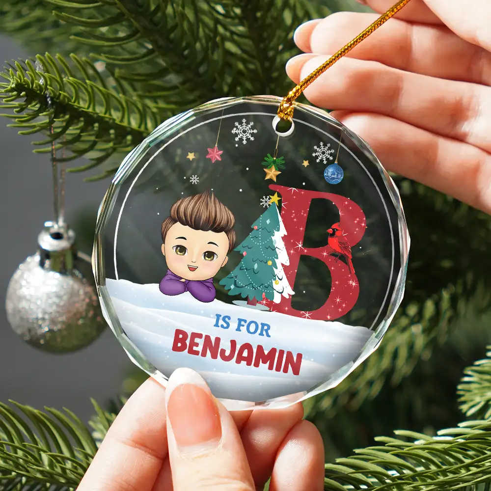 Christmas Kids Monogram - Personalized Circle Glass Ornament - Image 2