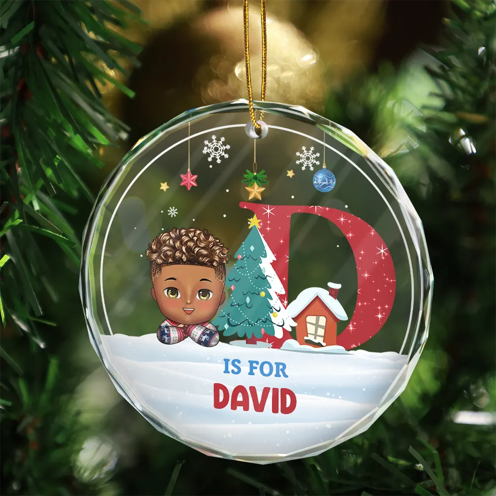 Christmas Kids Monogram - Personalized Circle Glass Ornament - Image 3