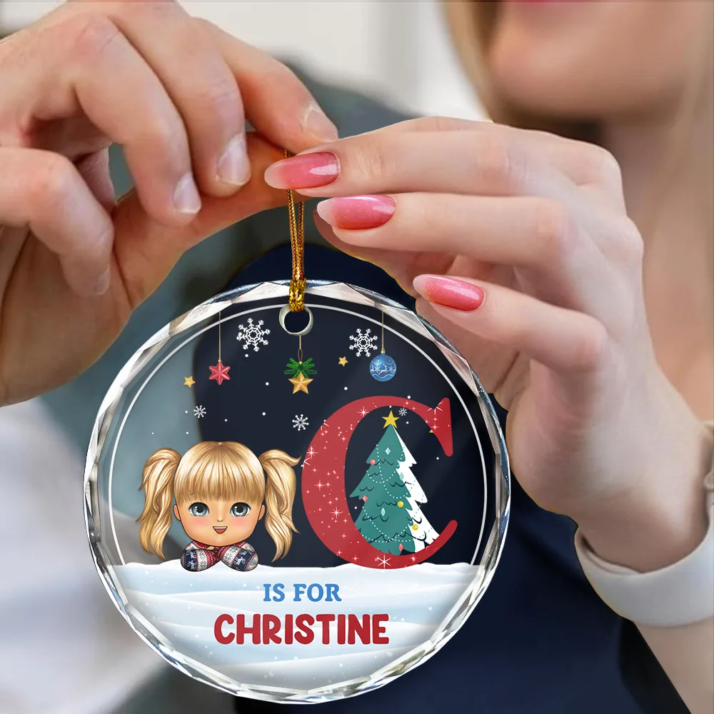 Christmas Kids Monogram - Personalized Circle Glass Ornament - Image 4