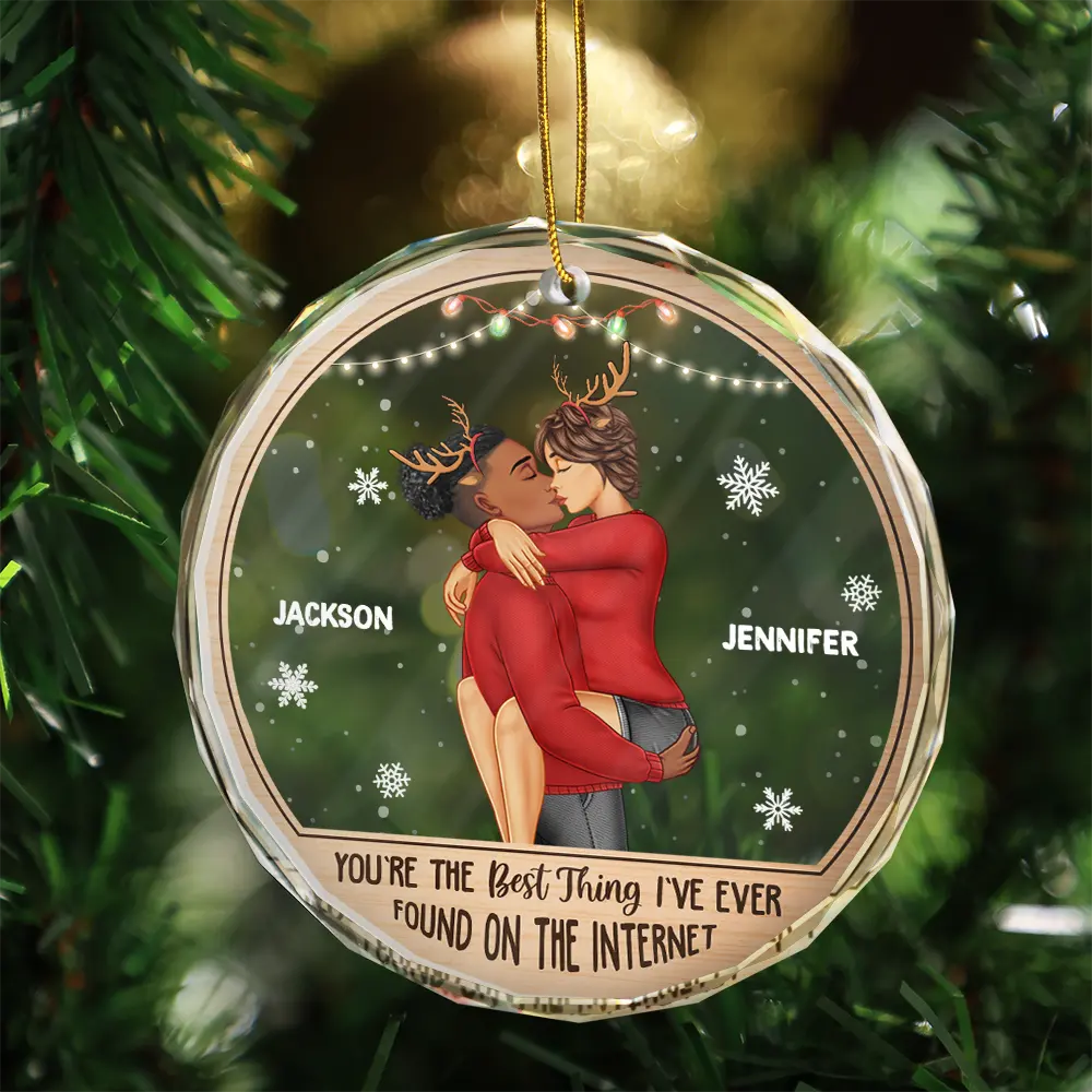 Christmas Kissing Couple Best Thing On The Internet - Personalized Circle Glass Ornament - Image 3