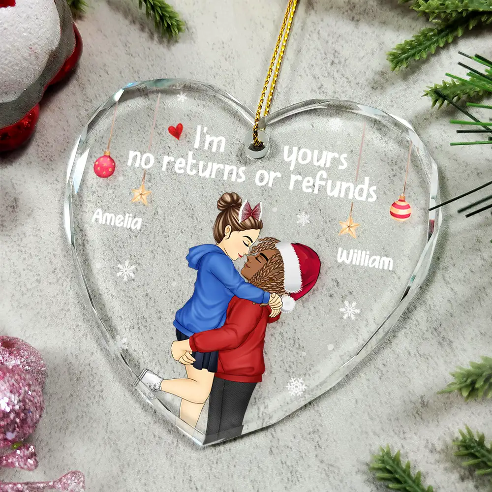Christmas Kissing Couple I'm Yours No Returns - Personalized Glass Ornament - Image 5