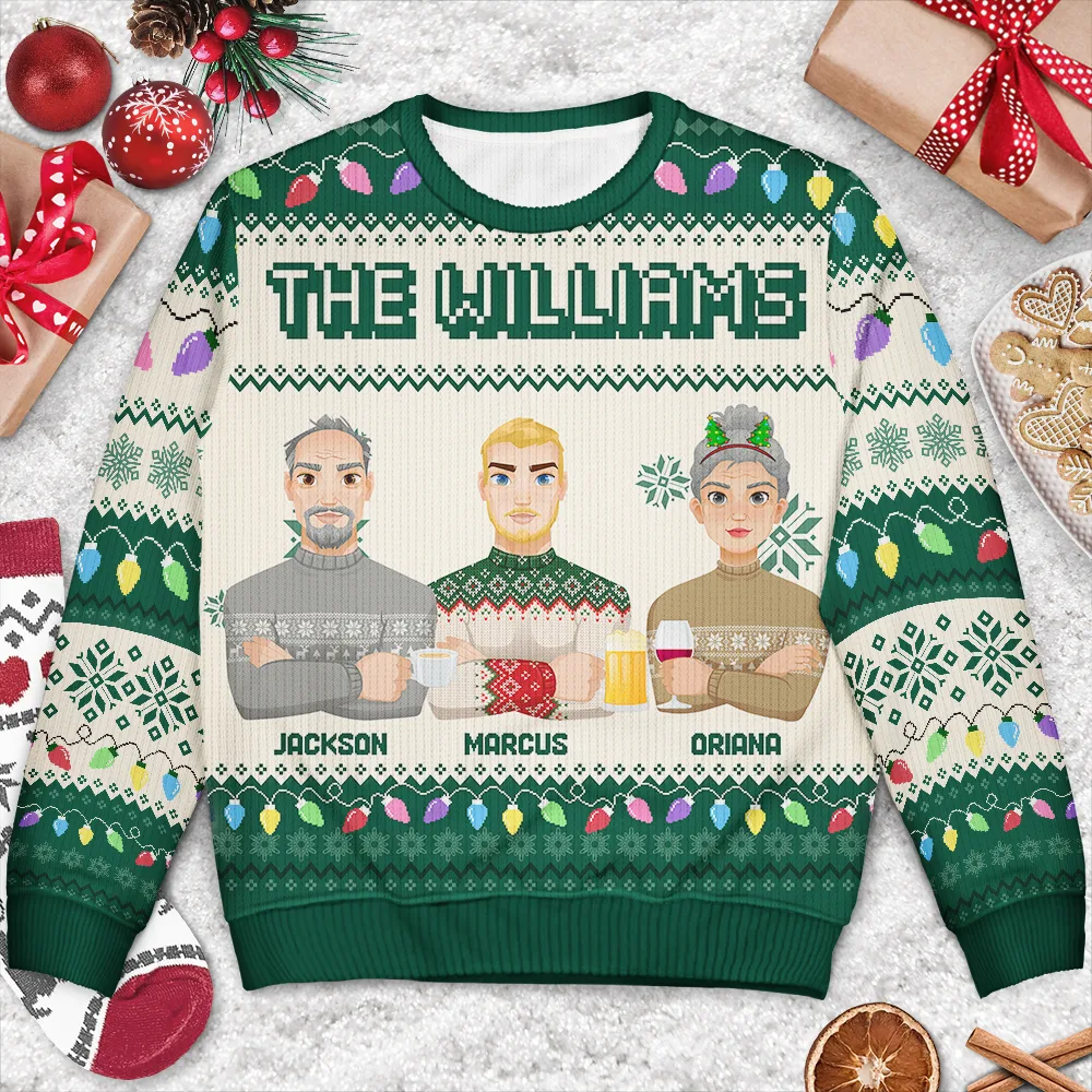 Christmas Light Custom Family Name Flat Art - Personalized Unisex Ugly Sweater - Image 3