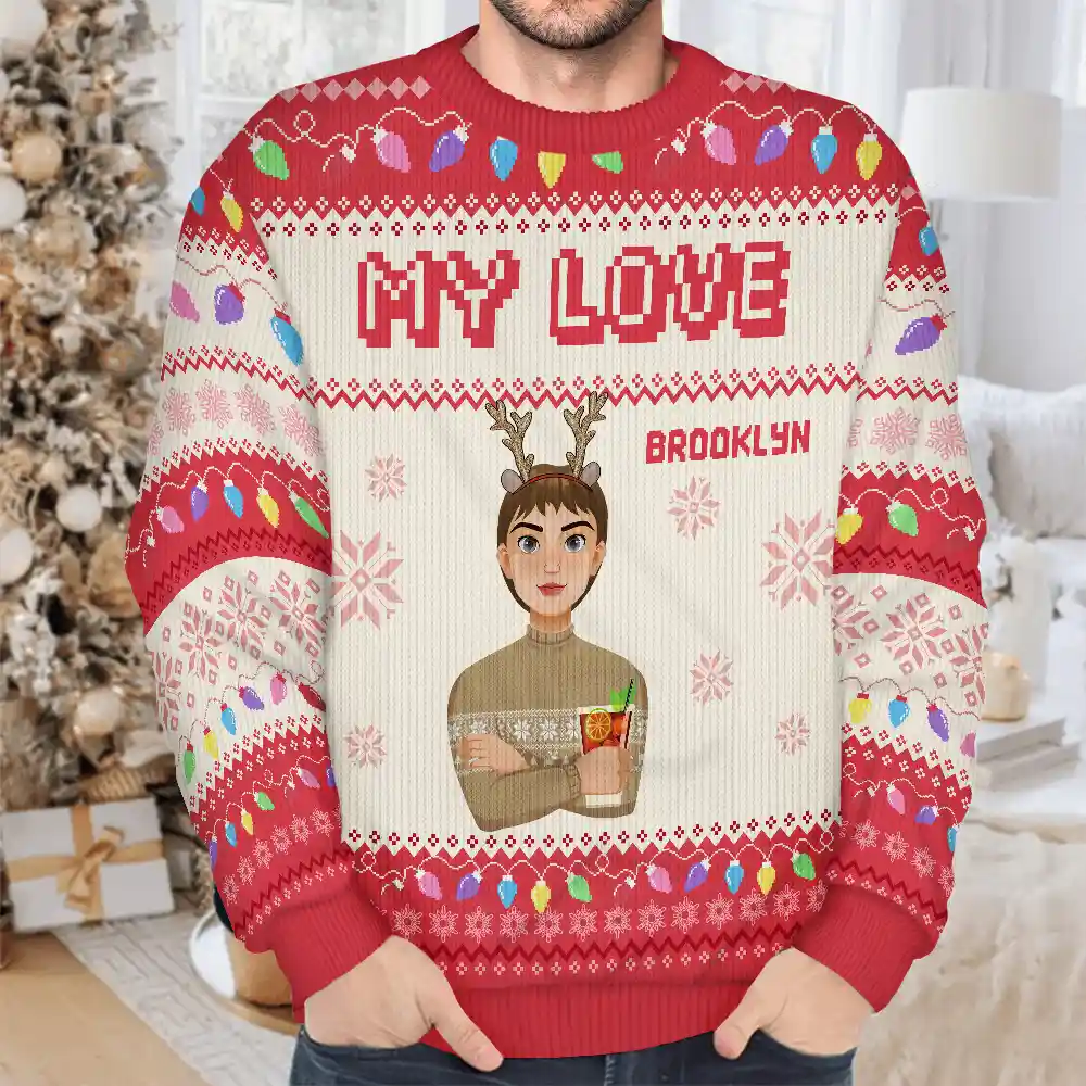 Christmas Light Custom Family Name Flat Art - Personalized Unisex Ugly Sweater - Image 4