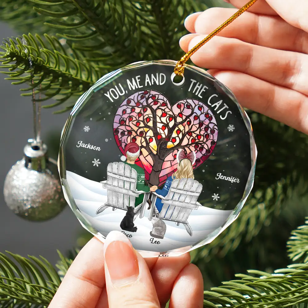 Christmas Love Tree You, Me And The Dog Cat - Personalized Circle Glass Ornament - Image 2