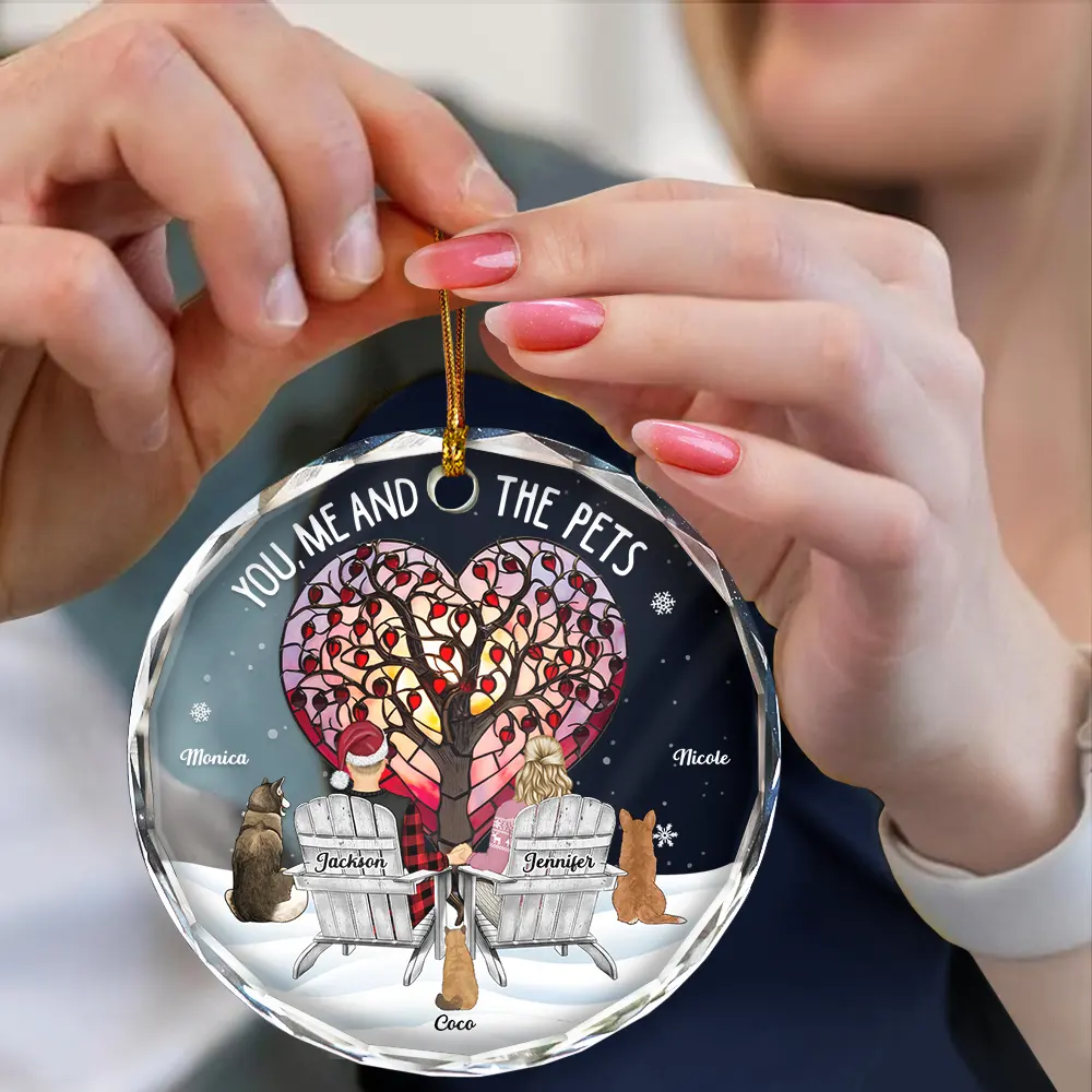Christmas Love Tree You, Me And The Dog Cat - Personalized Circle Glass Ornament - Image 4