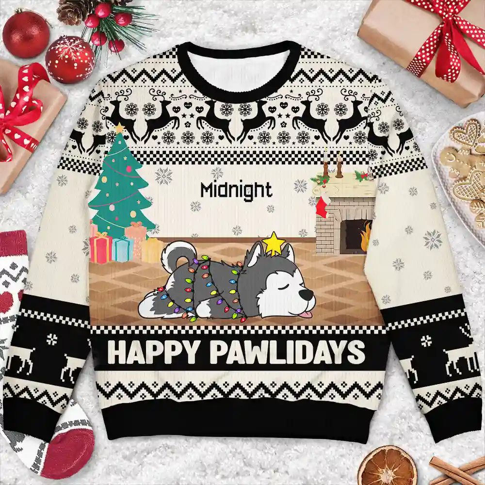 Christmas Lying Dog Happy Pawlidays - Personalized Unisex Ugly Sweater - Image 3