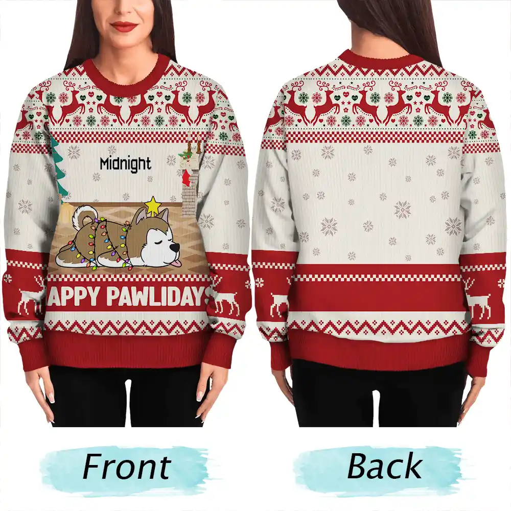 Christmas Lying Dog Happy Pawlidays - Personalized Unisex Ugly Sweater - Image 5