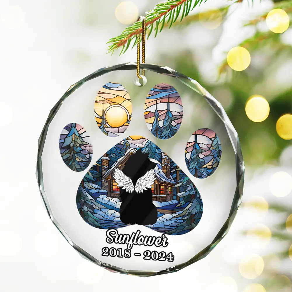 Christmas Memorial Dog Loss Pet Paw - Personalized Circle Glass Ornament - Image 2