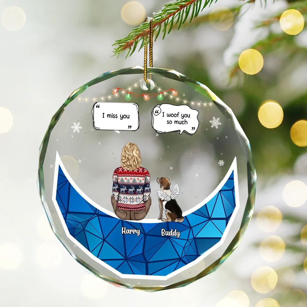 Christmas Memorial Sitting On Moon I Miss You - Personalized Circle Glass Ornament - Image 2