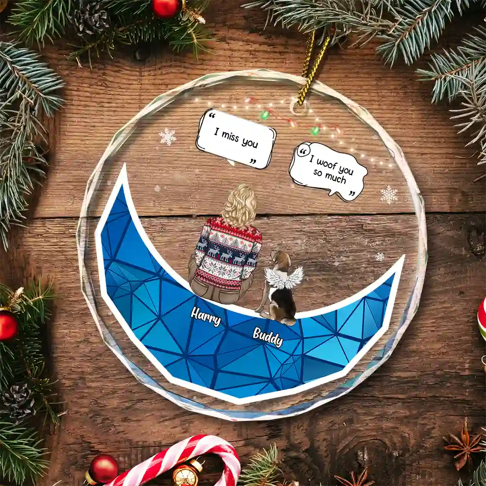 Christmas Memorial Sitting On Moon I Miss You - Personalized Circle Glass Ornament - Image 5