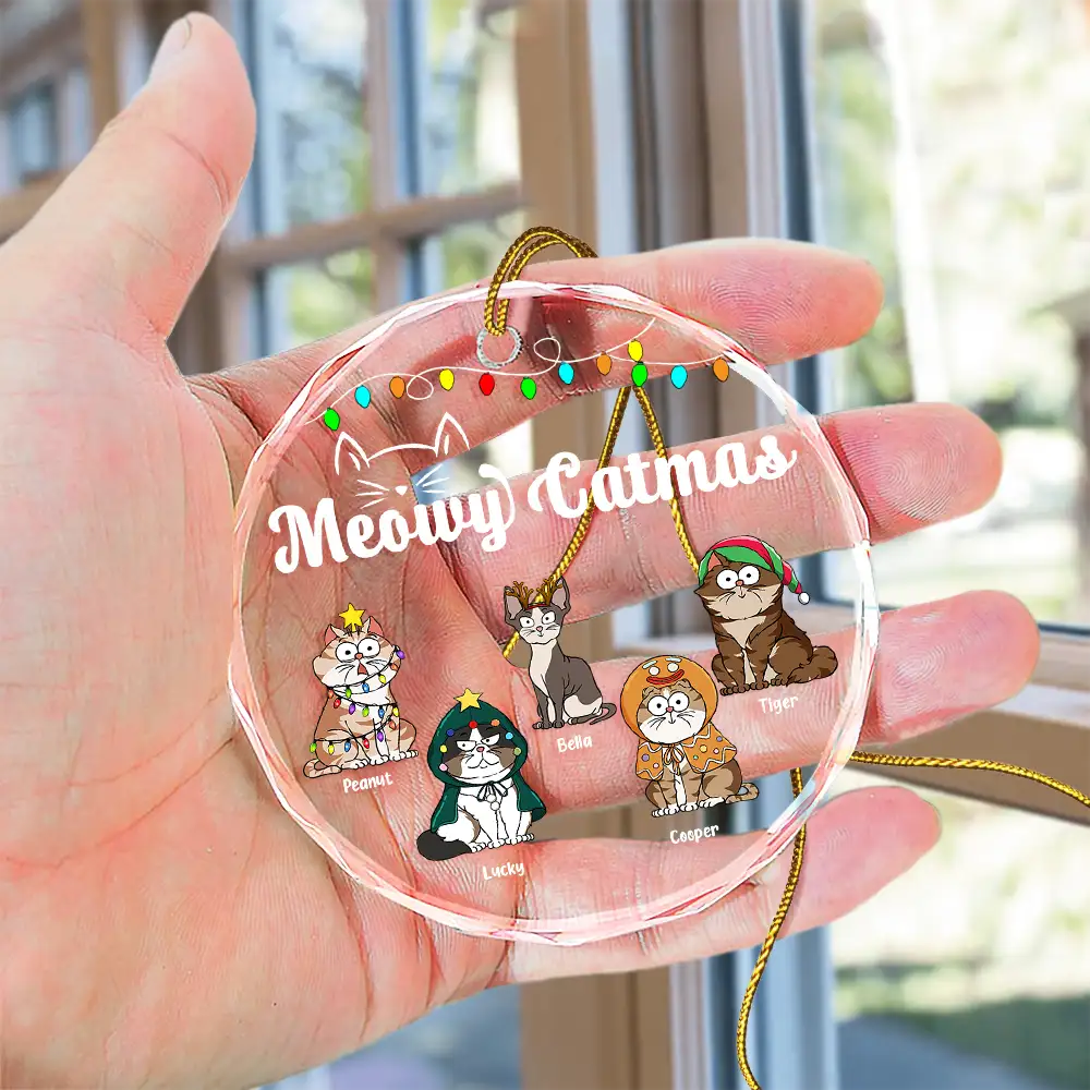 Christmas Meowy Catmas Funny Cartoon Cats - Personalized Circle Glass Ornament - Image 4