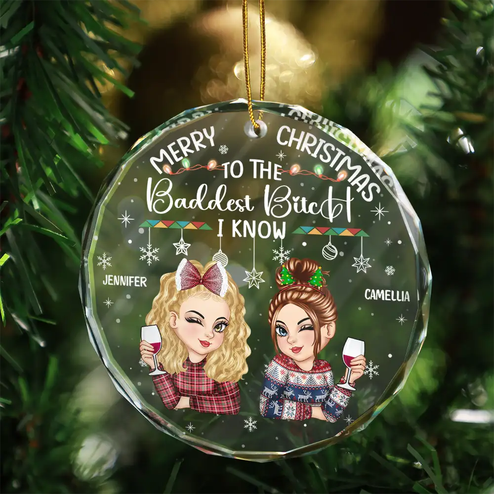 Christmas Merry Christmas Besties - Personalized Circle Glass Ornament - Image 3