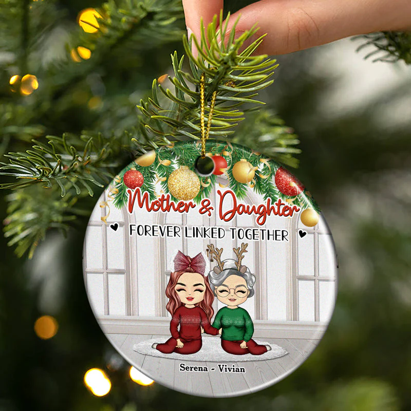Christmas Mom & Daughters Forever Linked Together - Personalized Custom Circle Ceramic Ornament - Image 2