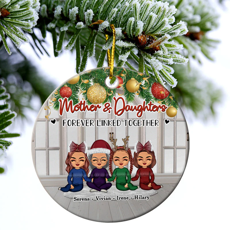 Christmas Mom & Daughters Forever Linked Together - Personalized Custom Circle Ceramic Ornament - Image 3