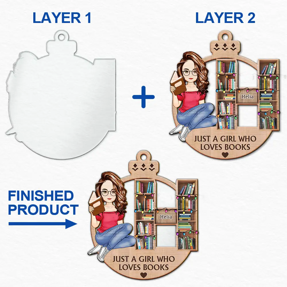 Christmas Monogram Bookshelf Reading Lovers - Personalized 2-Layered Mix Ornament - Image 6