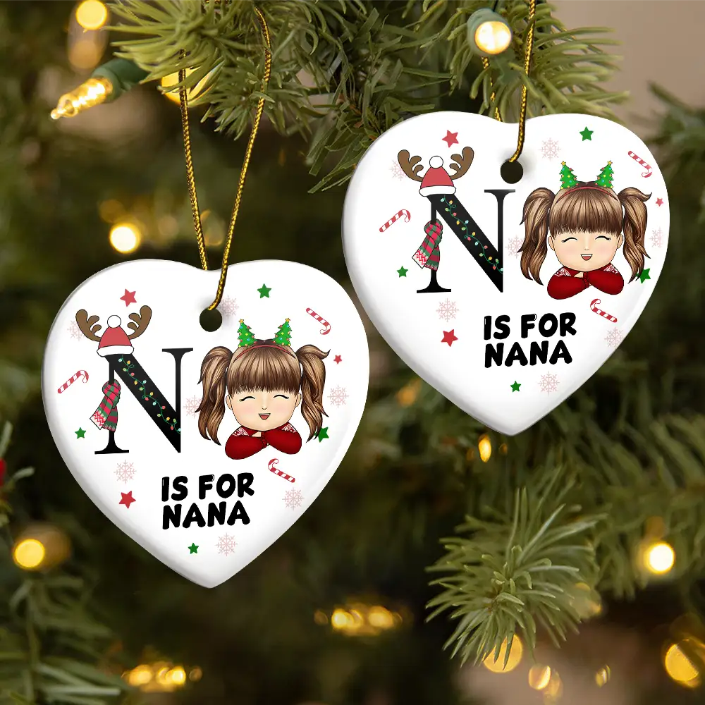 Christmas Monogram Letter Kids - Personalized Combo Heart Ceramic Ornament - Image 2