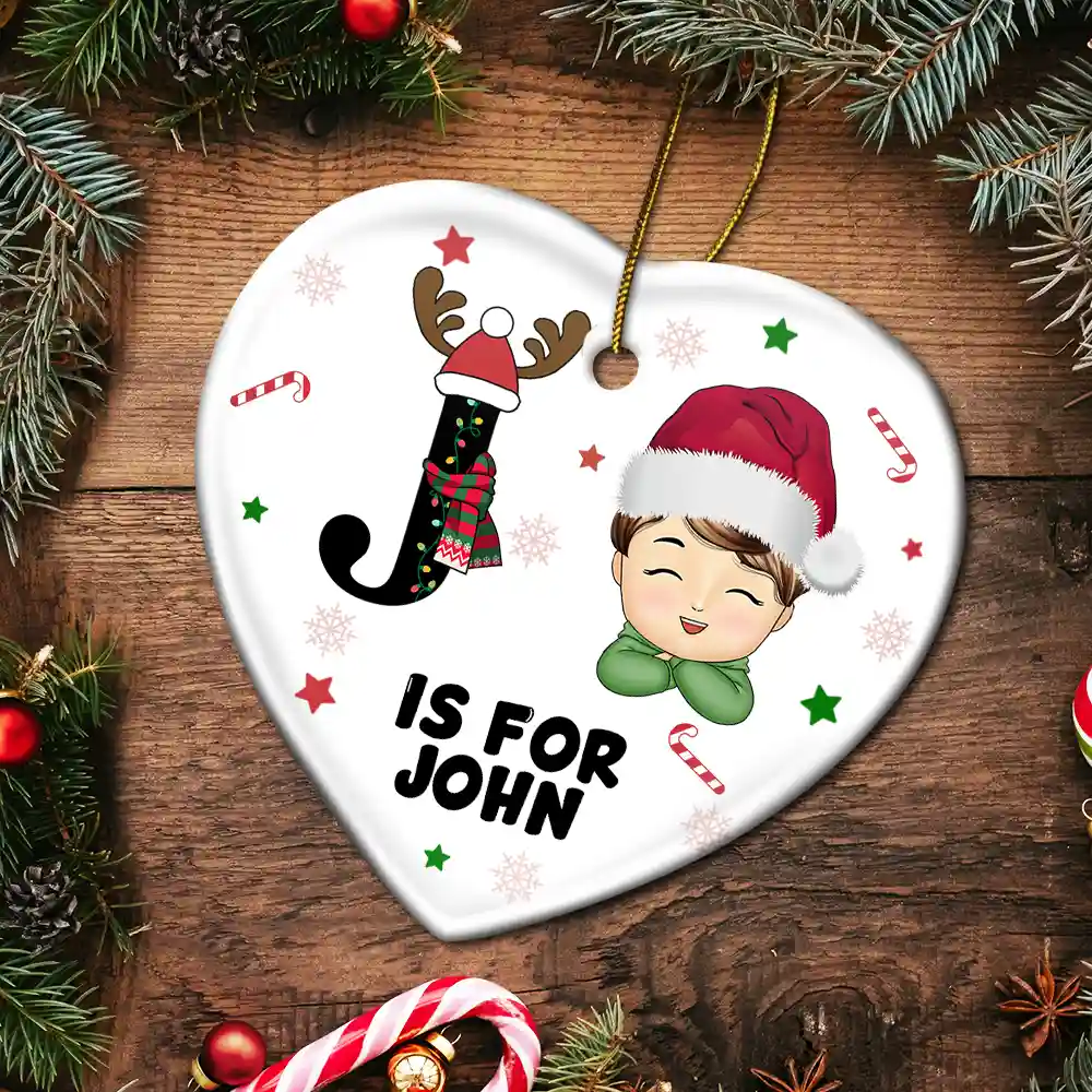 Christmas Monogram Letter Kids - Personalized Combo Heart Ceramic Ornament - Image 5