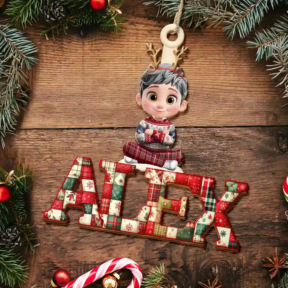 Christmas Pattern Effects With Character Names - Personalized Custom Shaped Wooden Ornament - Image 5