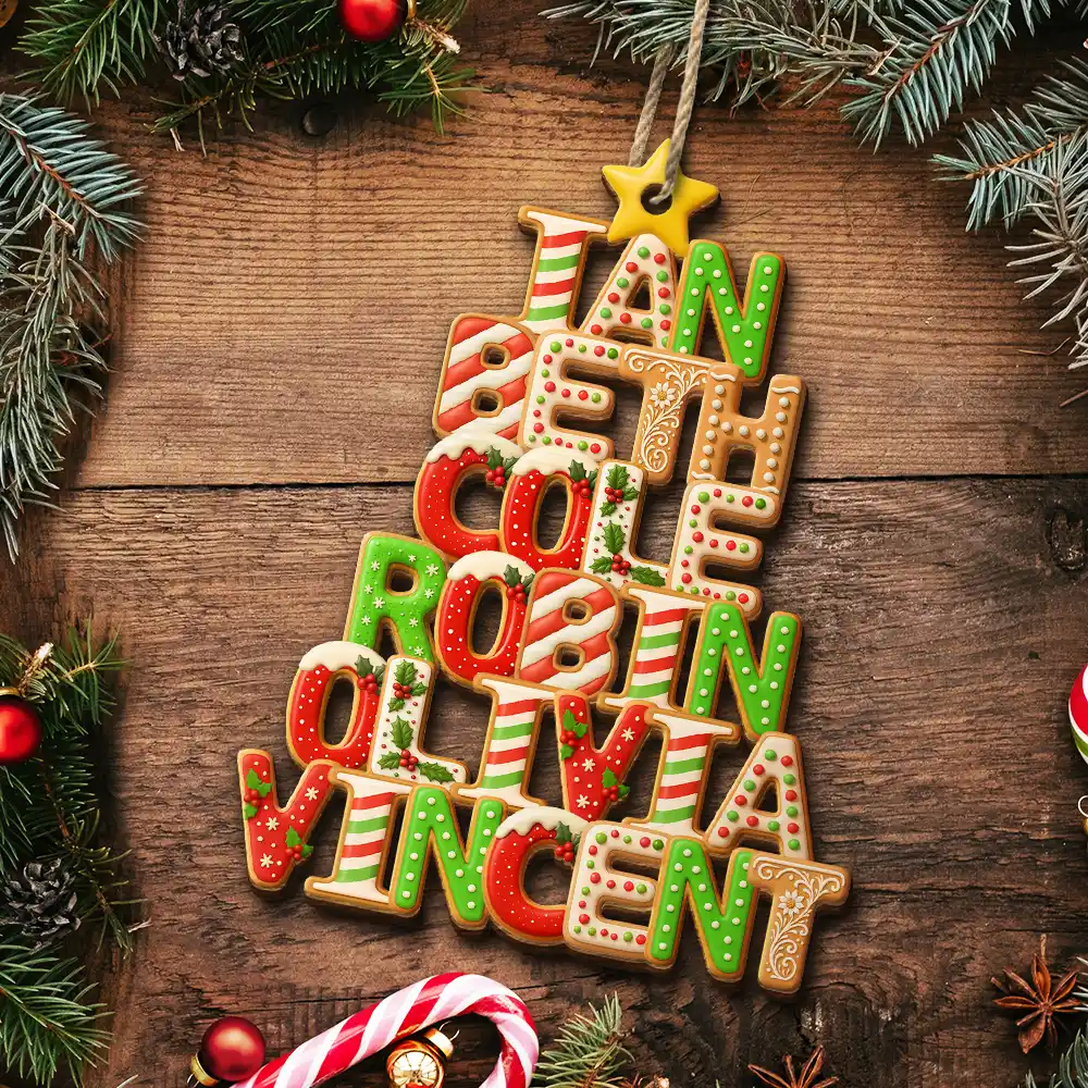 Christmas Pattern Tree With Names - Personalized Custom Shaped Wooden Ornament - Image 5
