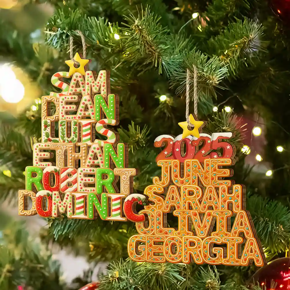 Christmas Pattern Tree With Names - Personalized Custom Shaped Wooden Ornament - Image 6