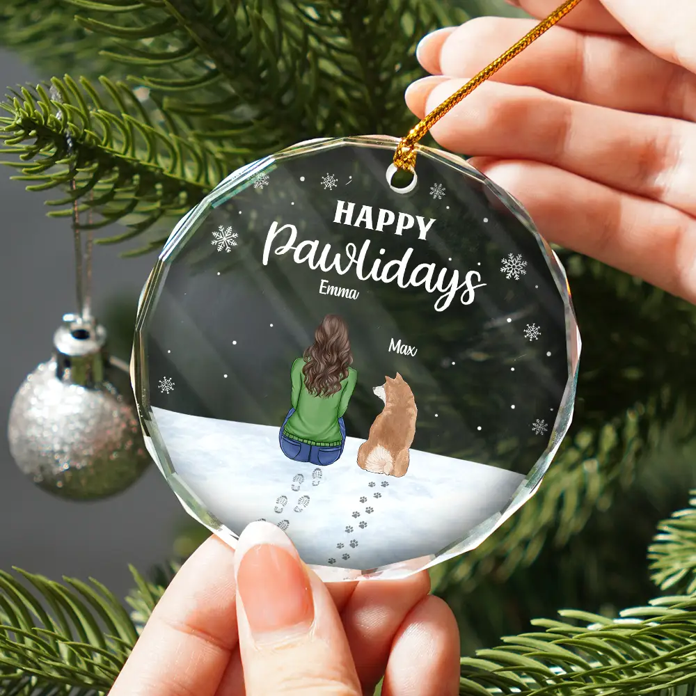 Christmas Pet Lovers Happy Pawlidays - Personalized Circle Glass Ornament - Image 2