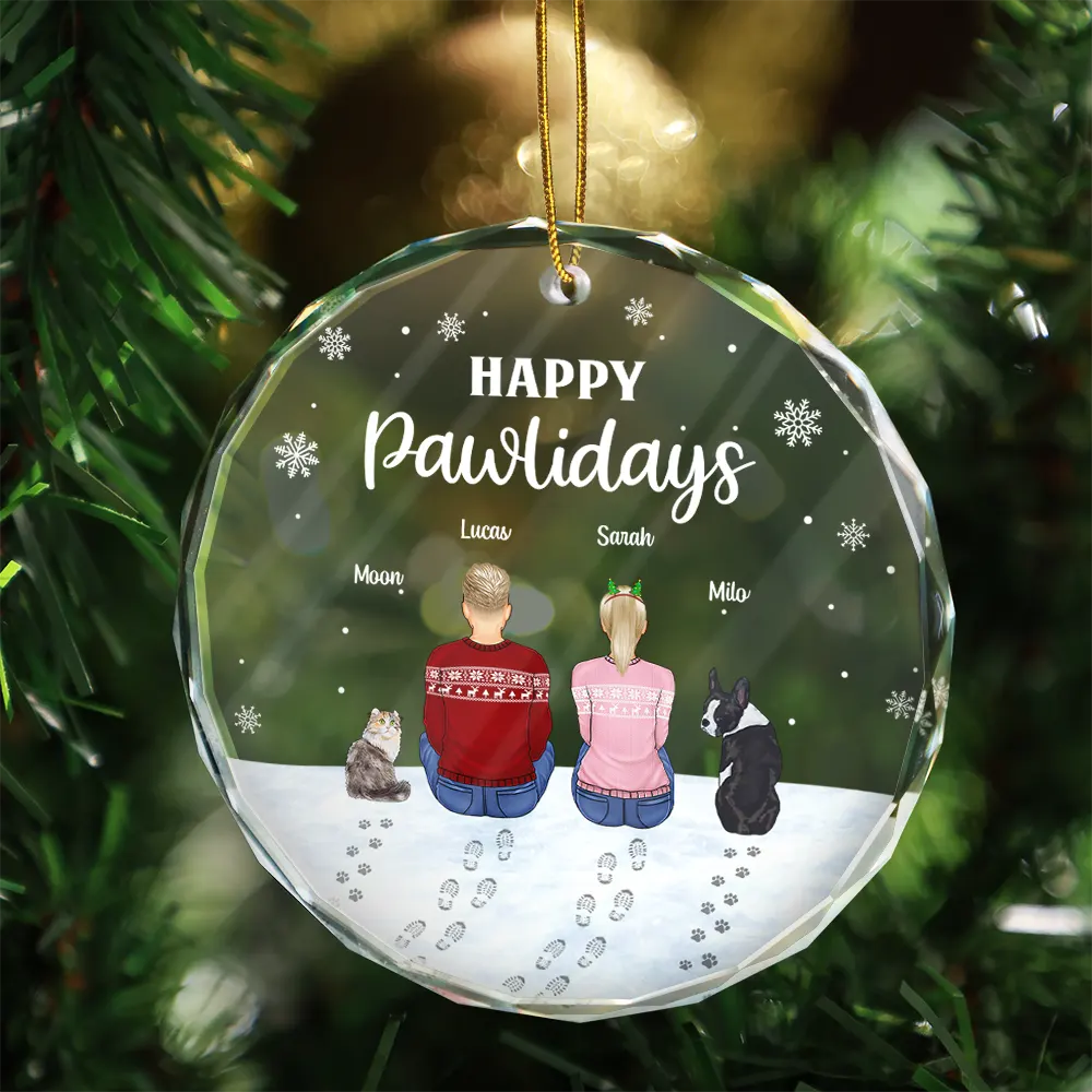 Christmas Pet Lovers Happy Pawlidays - Personalized Circle Glass Ornament - Image 3