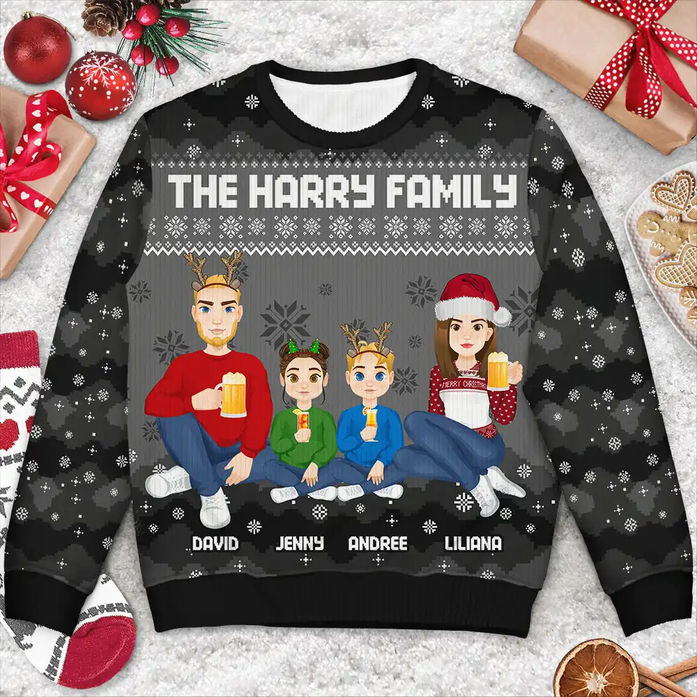 Christmas Pixel Snow Flat Art Family Friends Sitting - Personalized Unisex Ugly Sweater - Image 3