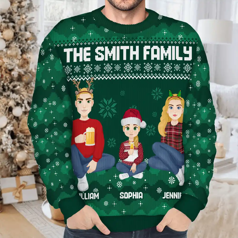 Christmas Pixel Snow Flat Art Family Friends Sitting - Personalized Unisex Ugly Sweater - Image 4