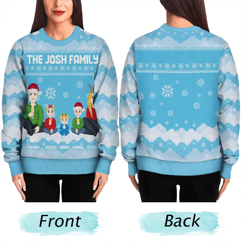 Christmas Pixel Snow Flat Art Family Friends Sitting - Personalized Unisex Ugly Sweater - Image 5