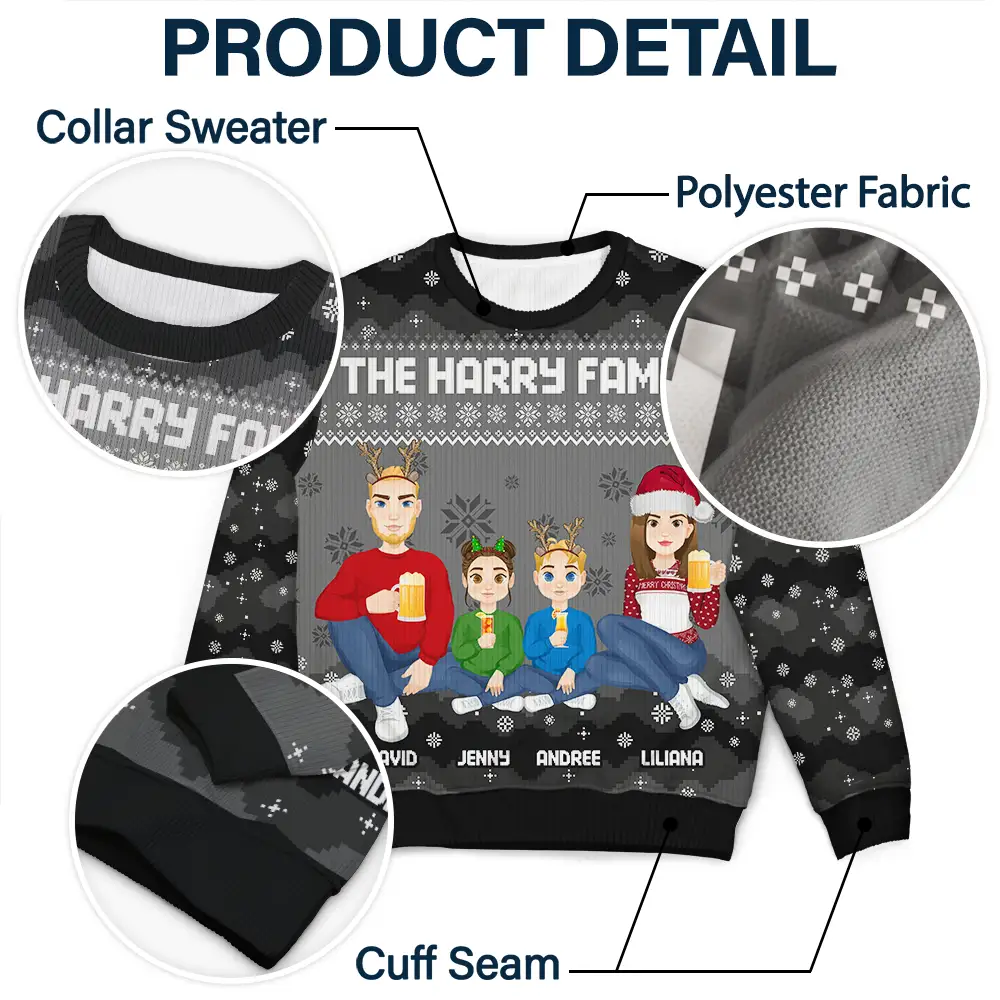 Christmas Pixel Snow Flat Art Family Friends Sitting - Personalized Unisex Ugly Sweater - Image 6