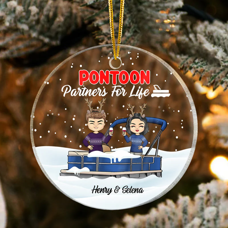 Christmas Pontoon Couple Pontoon Partners For Life - Personalized Custom Circle Acrylic Ornament - Image 3