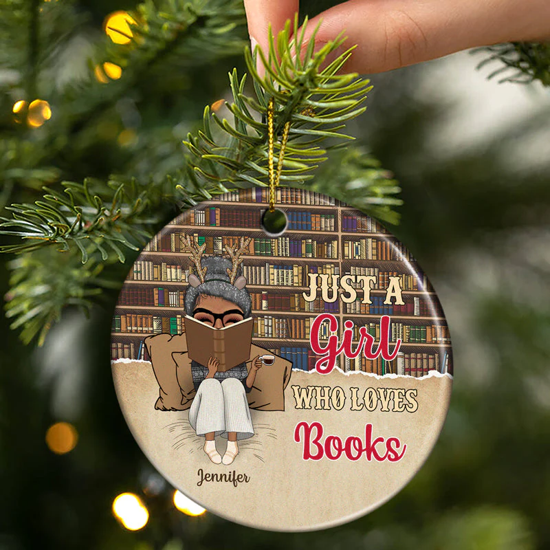 Christmas Reading Bookshelves Just A Girl Who Loves Books - Personalized Custom Circle Ceramic Ornament - Image 2