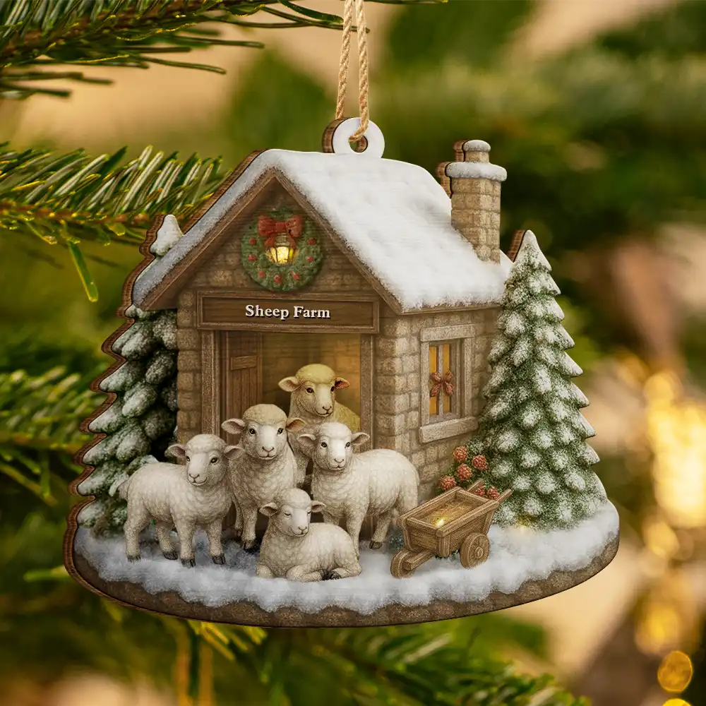 Christmas Sheep Farm - Personalized Custom Shaped Wooden Ornament - Image 3