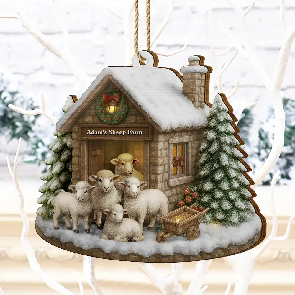 Christmas Sheep Farm - Personalized Custom Shaped Wooden Ornament - Image 4