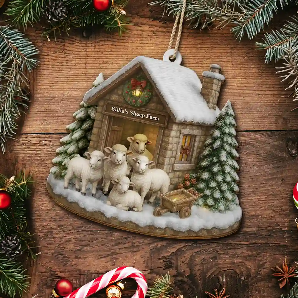 Christmas Sheep Farm - Personalized Custom Shaped Wooden Ornament - Image 5