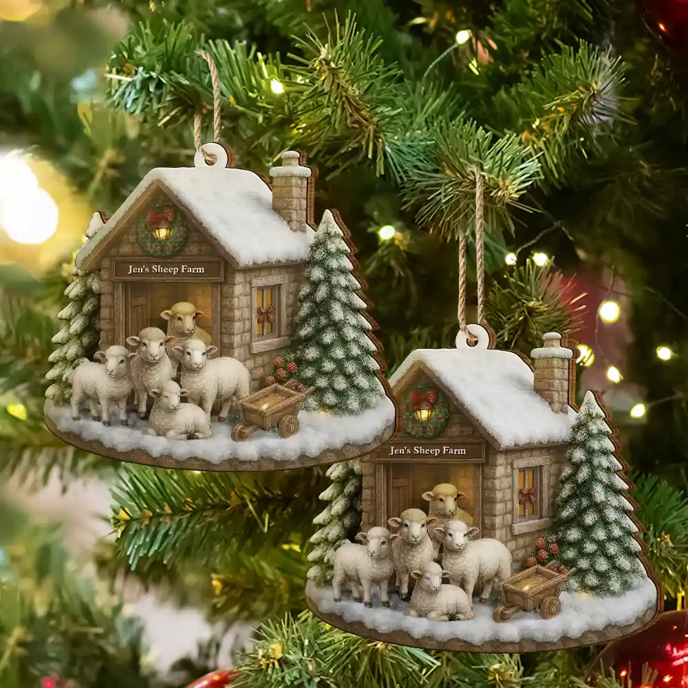 Christmas Sheep Farm - Personalized Custom Shaped Wooden Ornament - Image 6
