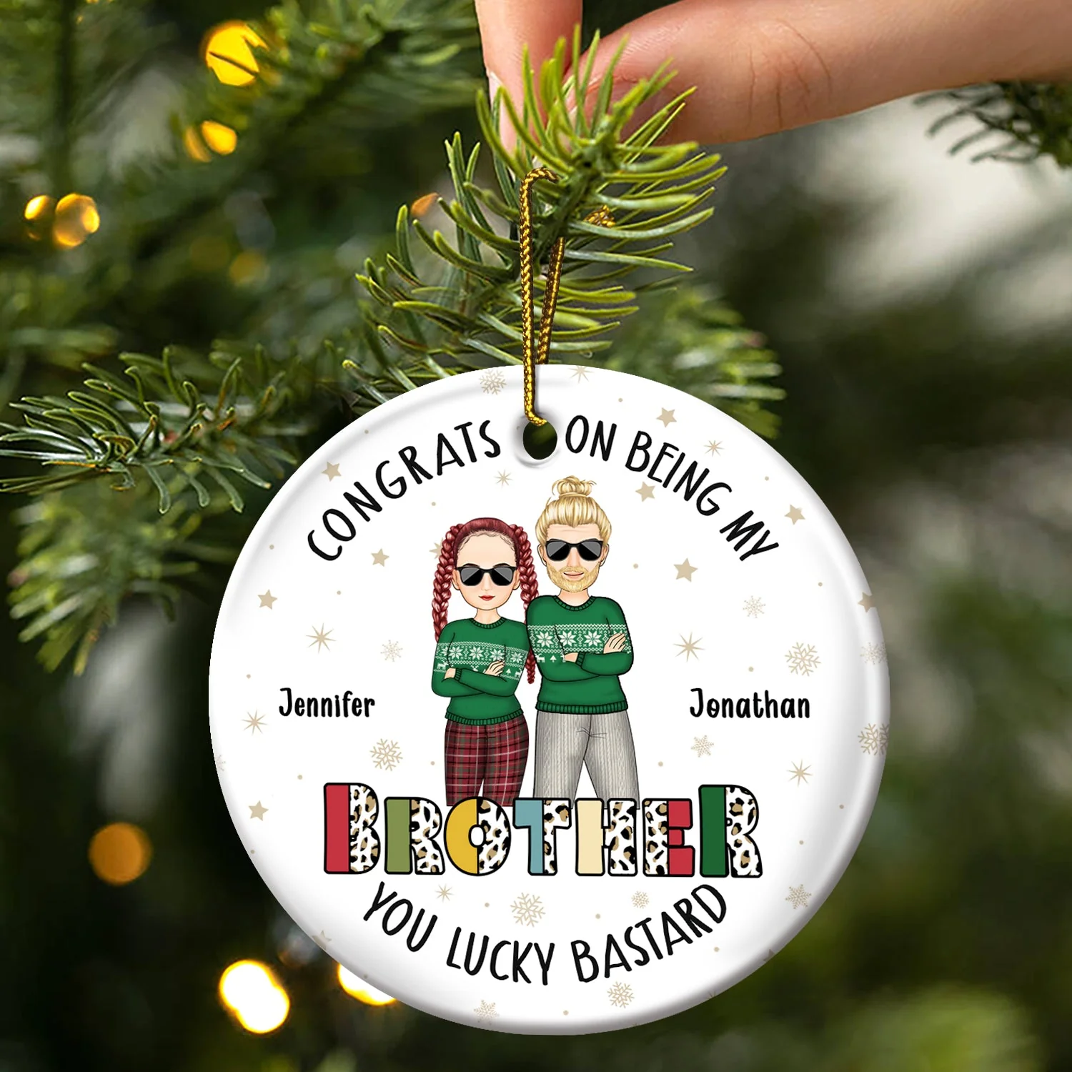 Christmas Sibling Congrats On Being My Brother Cross Arms - Gift For Sibling- Personalized Circle Ceramic Ornament - Image 3