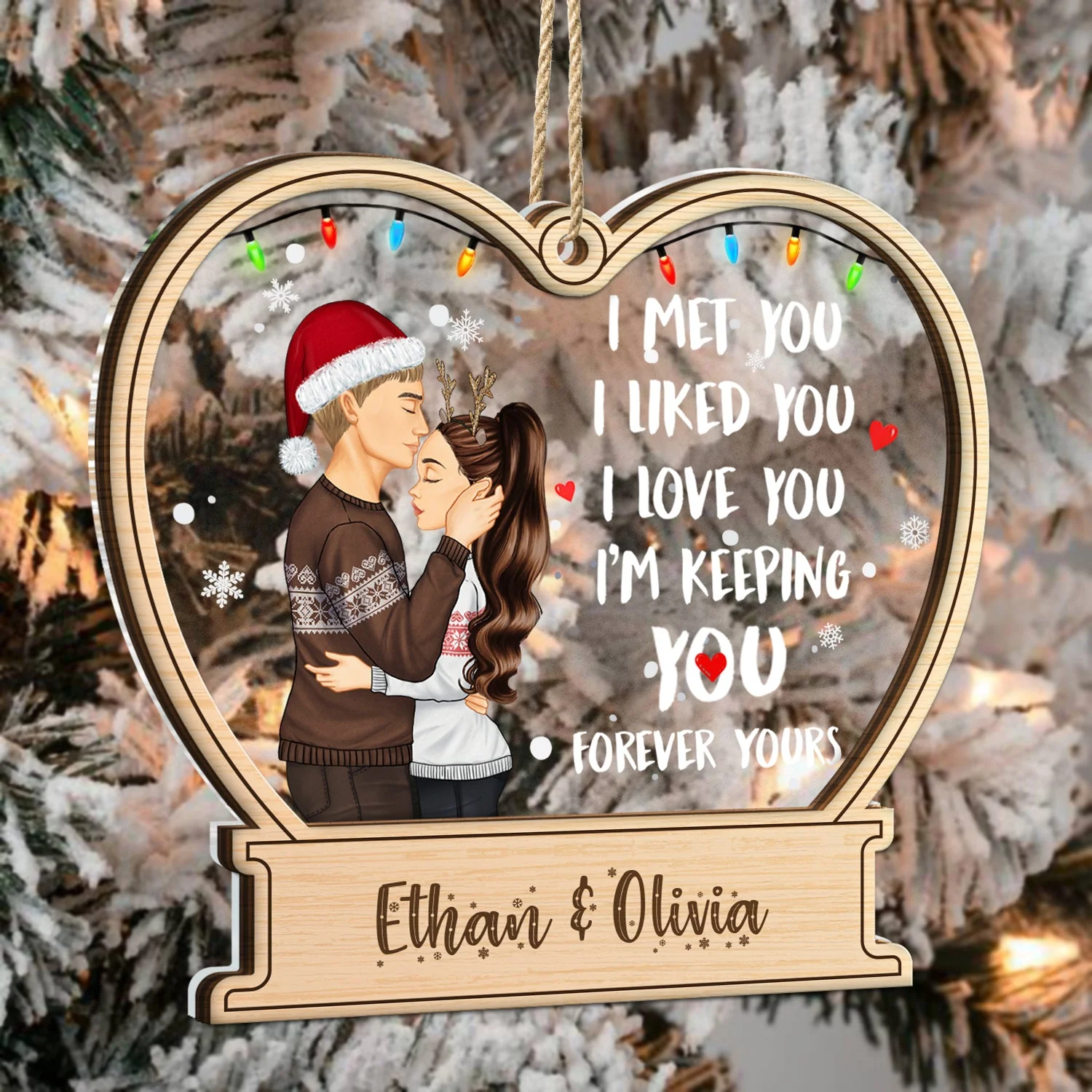 Christmas Side View Couple Forever Yours - Gift For Couples - Personalized 2-Layered Mix Ornament - Image 3