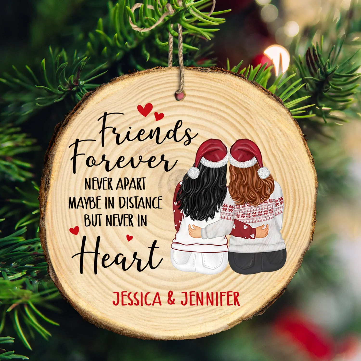 Christmas Sister Bestie Never Apart Maybe In Distance - Gift For Sister, Bestie - Personalized Wood Slice Ornament - Image 3