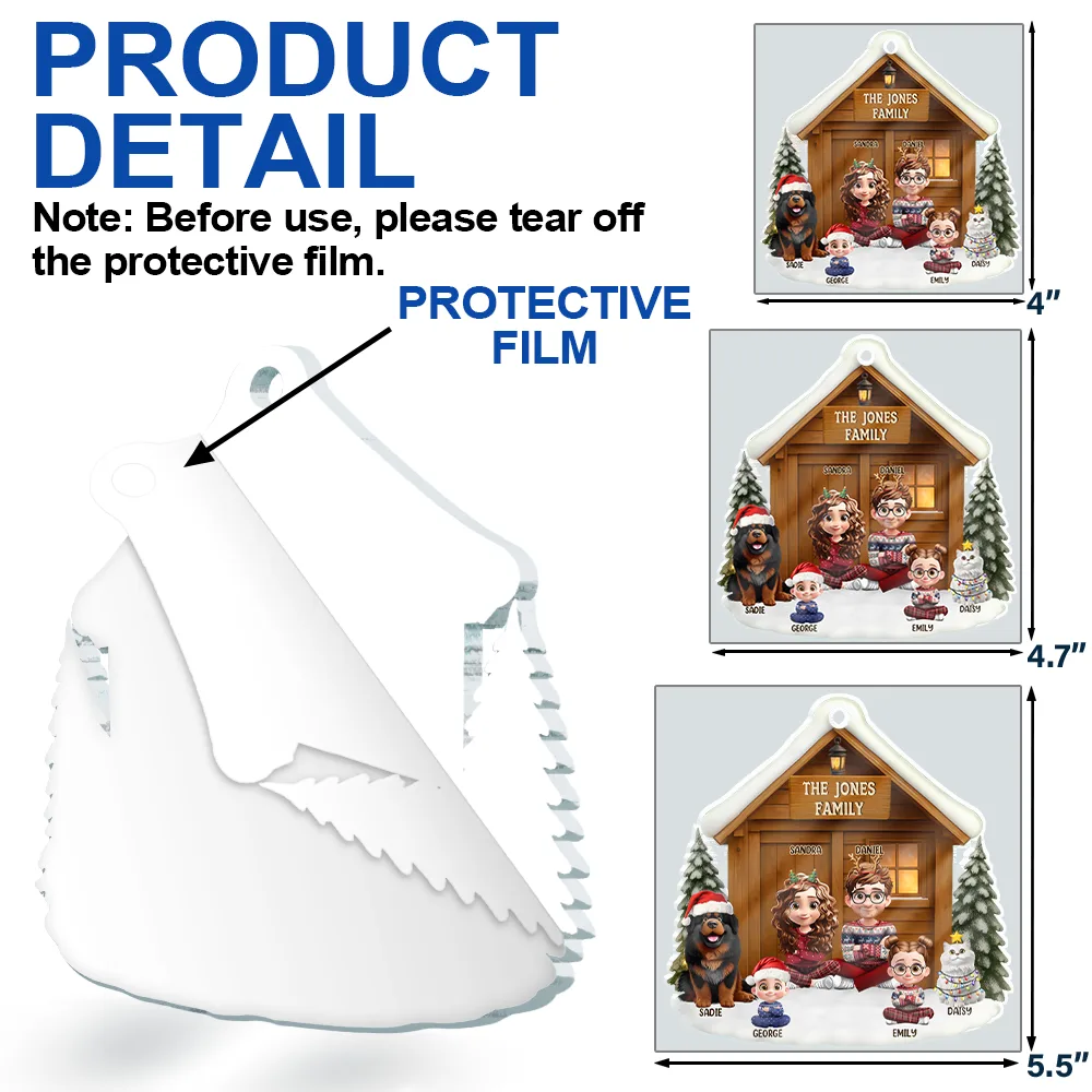 Christmas Sitting Family Parents Kids Pets - Personalized Custom Shaped Acrylic Ornament - Image 6